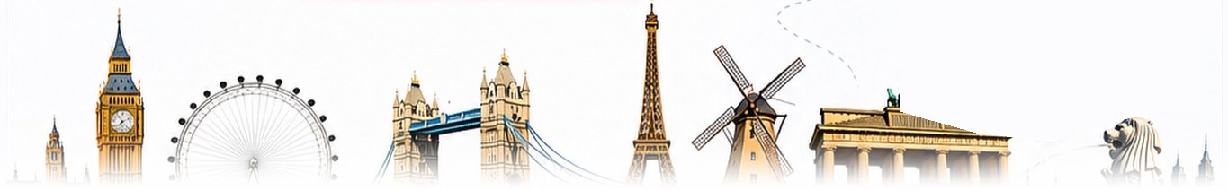 Landmarks from study destinations including London, Paris, Amsterdam, Berlin and Singapore